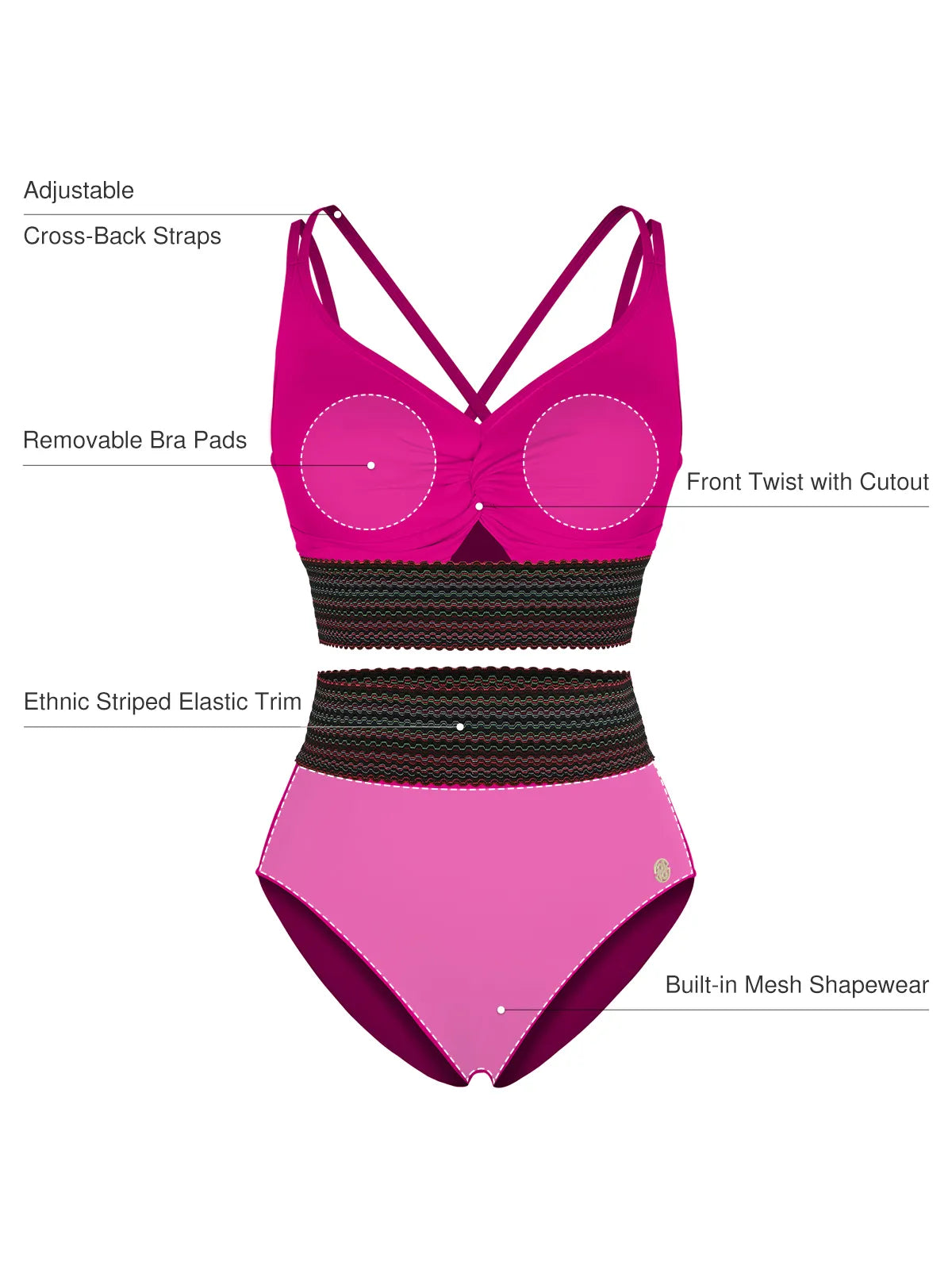 Boho Trim High Waist Tummy Control Bikini Set