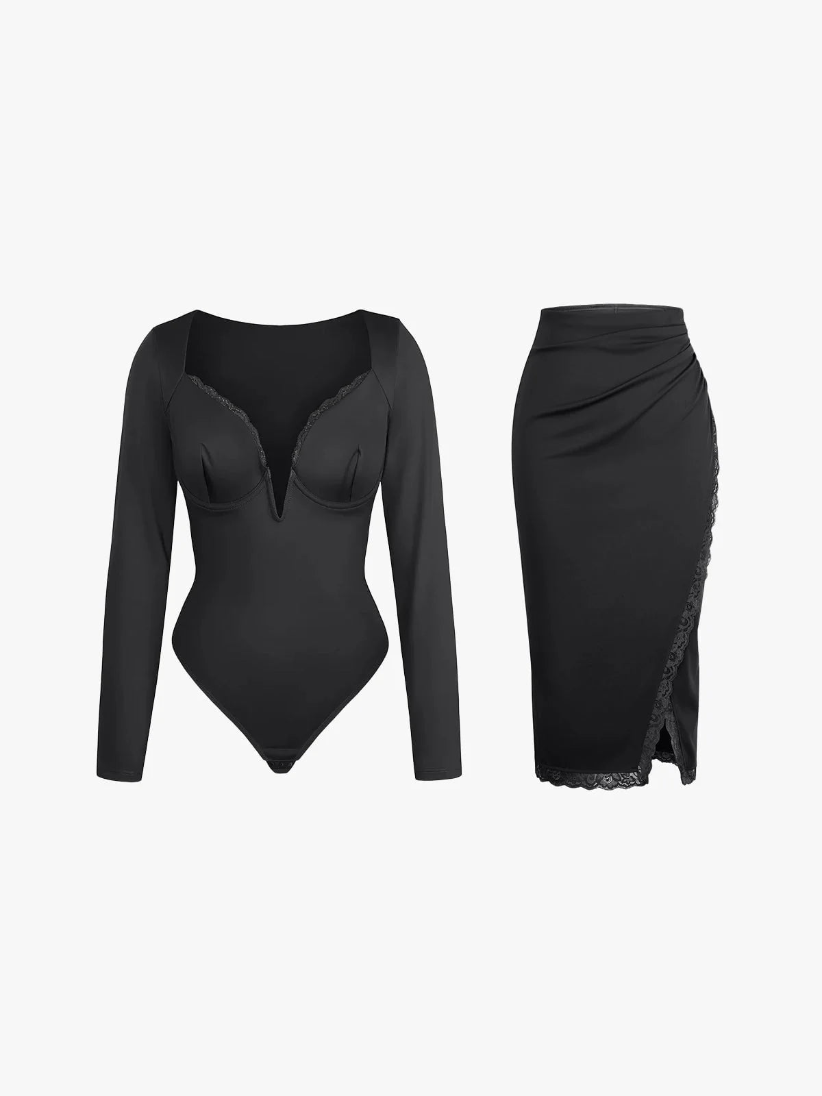 Shapewear Sculpting Lace Trim Bodysuit Midi Wrap Skirt Set