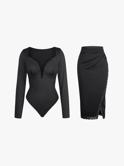 Shapewear Sculpting Lace Trim Bodysuit Midi Wrap Skirt Set