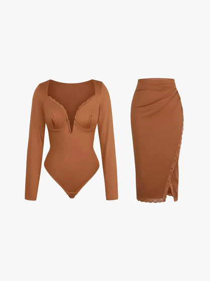 Shapewear Sculpting Lace Trim Bodysuit Midi Wrap Skirt Set