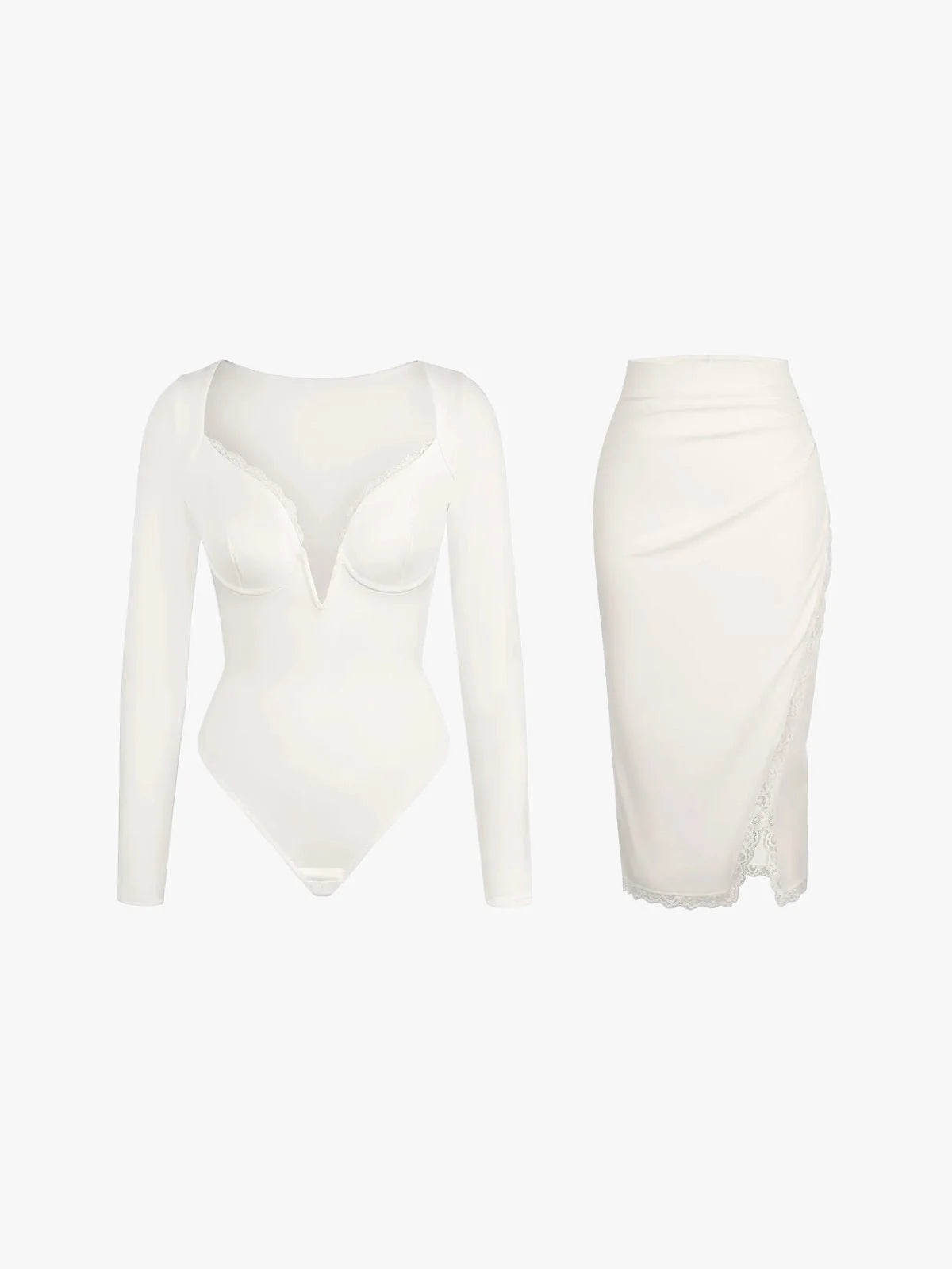 Shapewear Sculpting Lace Trim Bodysuit Midi Wrap Skirt Set