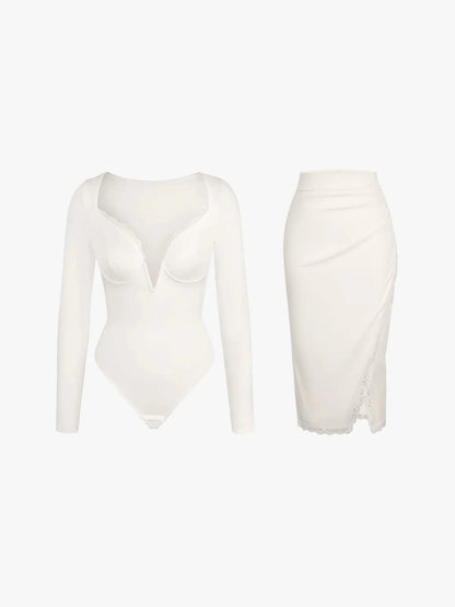 Shapewear Sculpting Lace Trim Bodysuit Midi Wrap Skirt Set