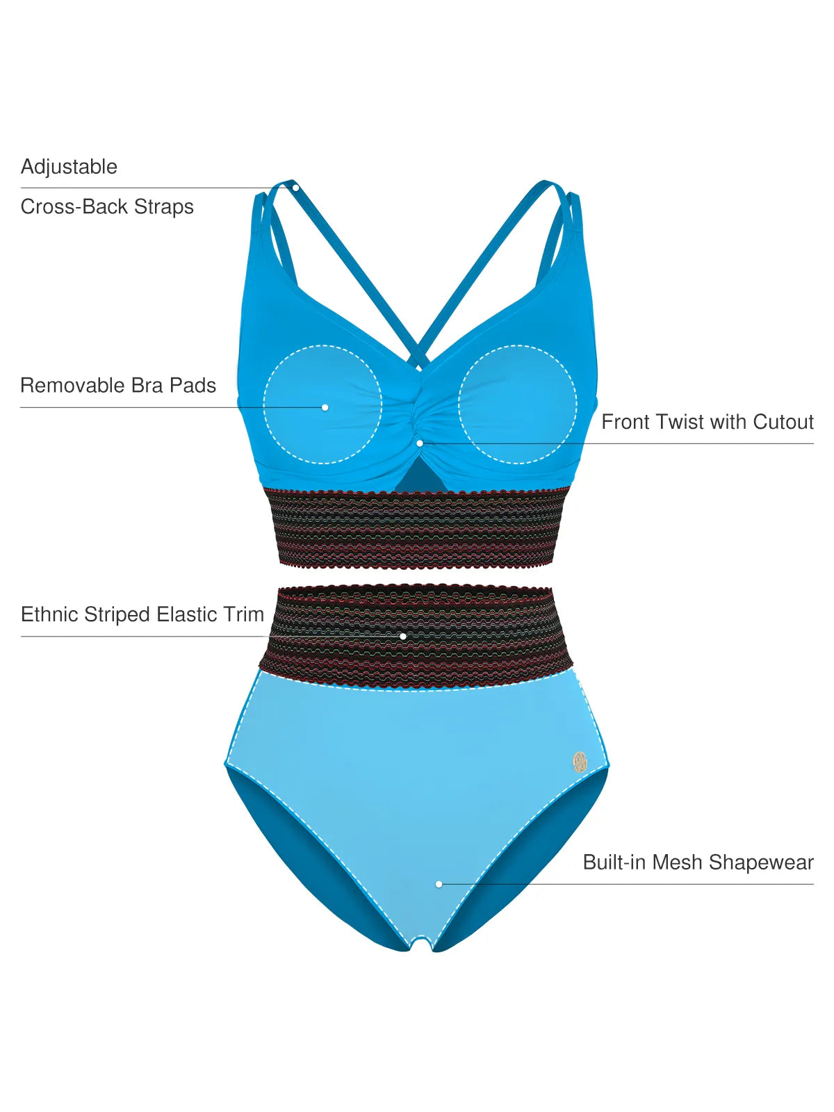 Boho Trim High Waist Tummy Control Bikini Set