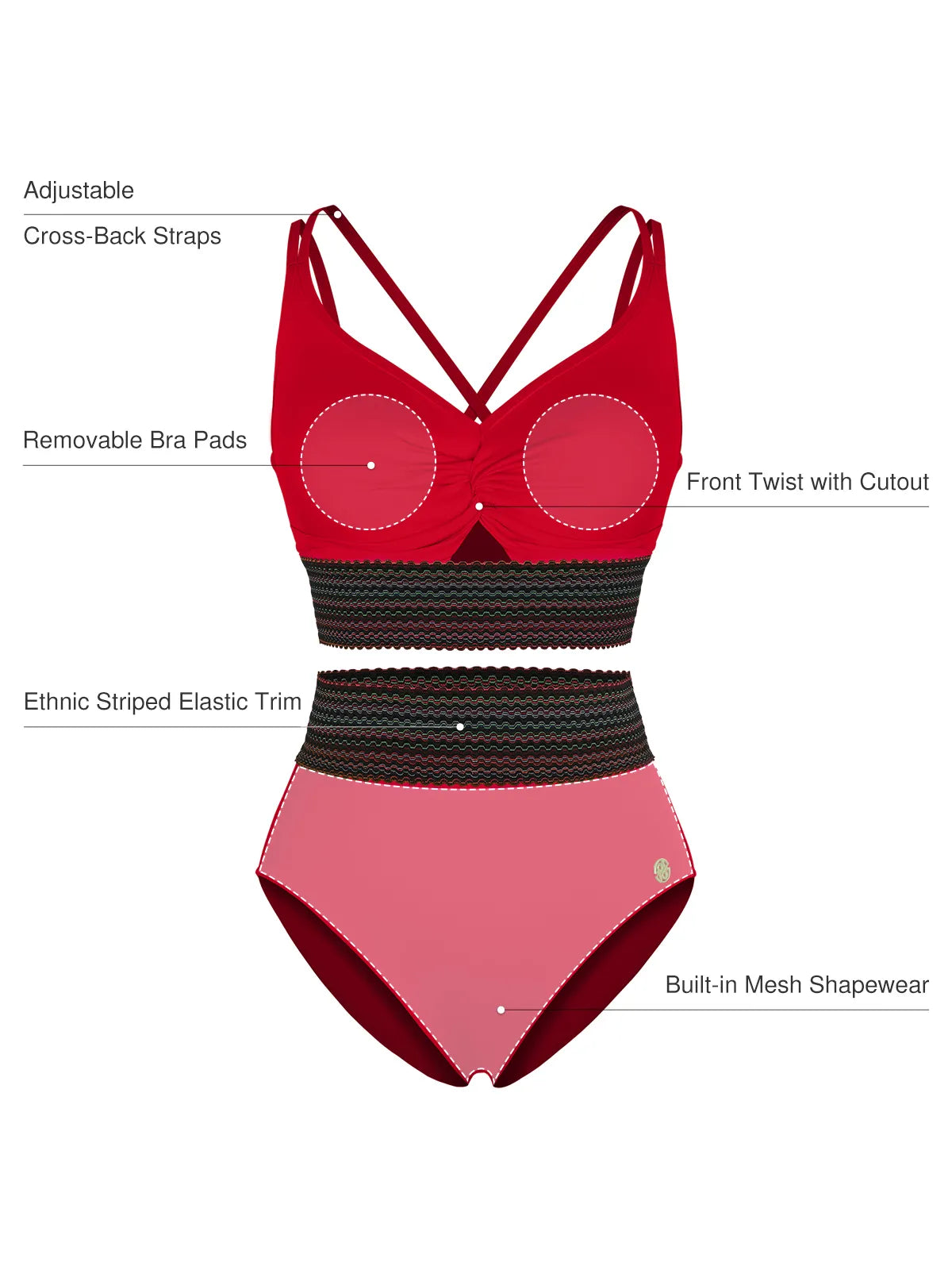 Boho Trim High Waist Tummy Control Bikini Set