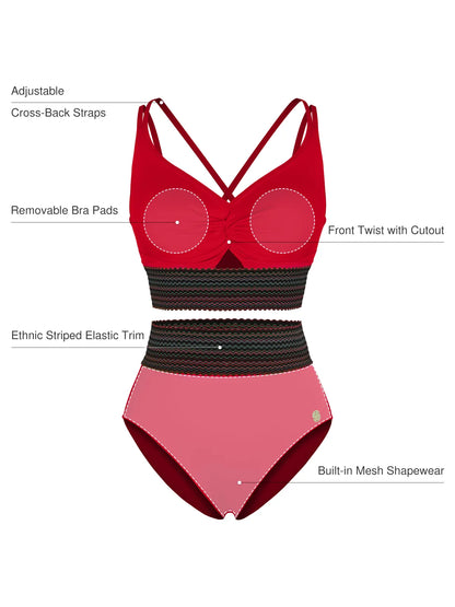 Boho Trim High Waist Tummy Control Bikini Set