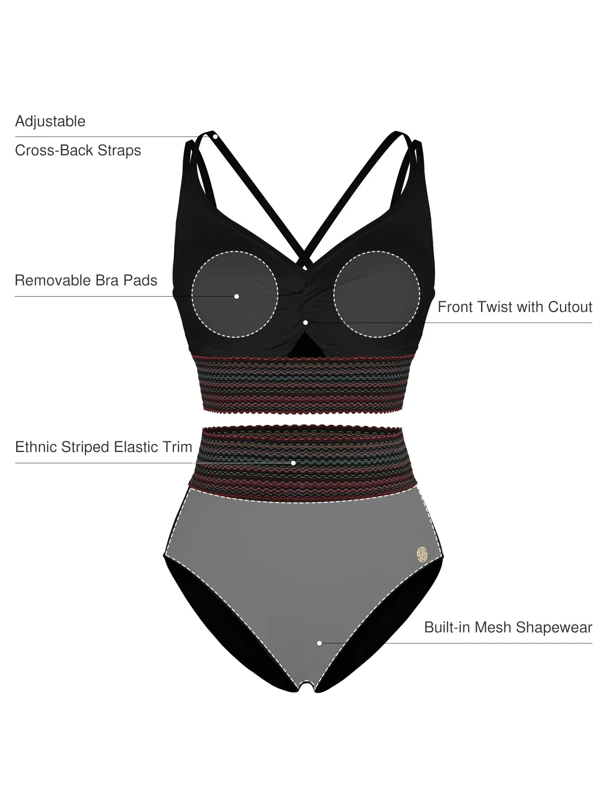 Boho Trim High Waist Tummy Control Bikini Set