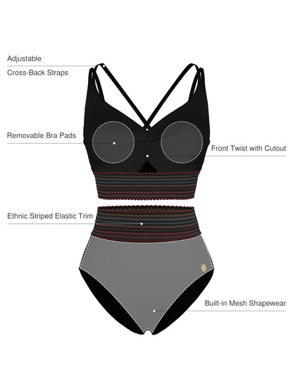 Boho Trim High Waist Tummy Control Bikini Set