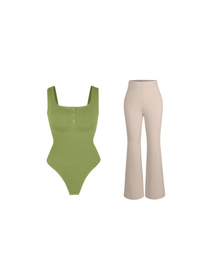 Day To Night Set Square Neck Tank Bodysuit Built-in Shapewear Pants