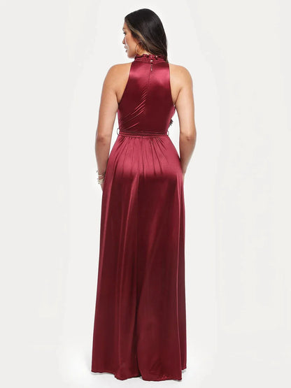 Draped High Neck Sculpting Floral-Print Maxi Dress