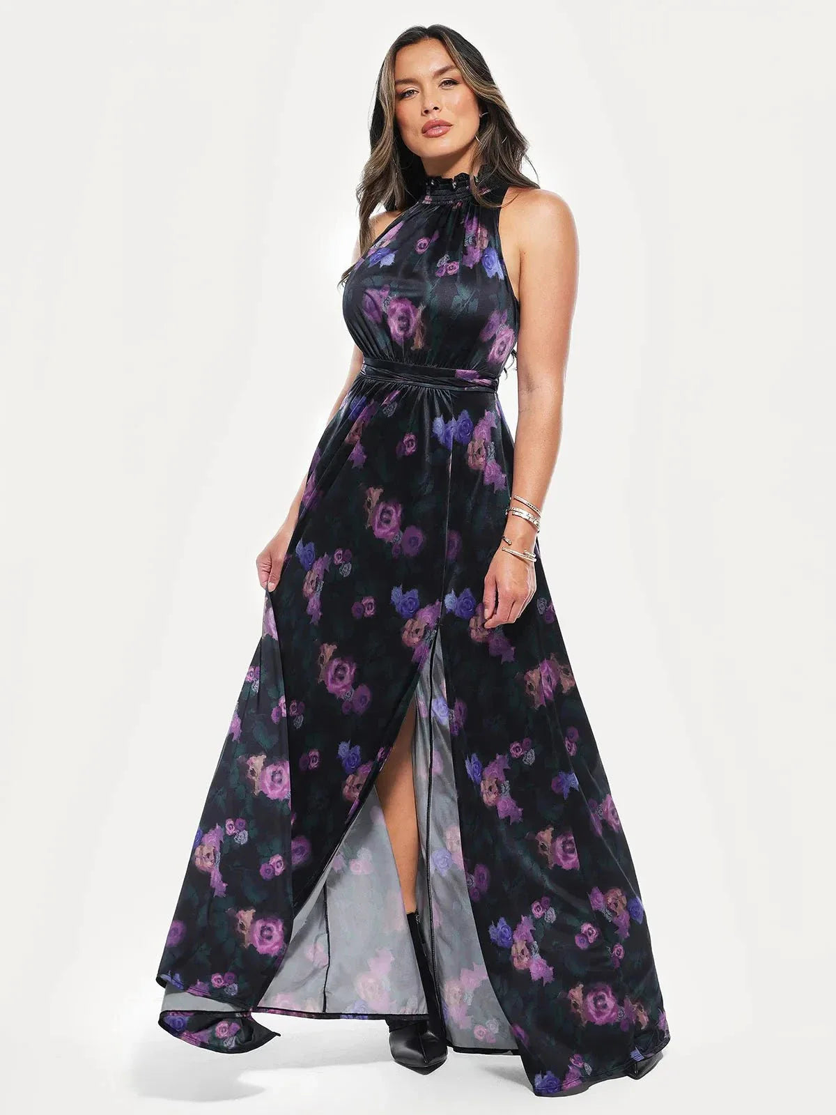 Draped High Neck Sculpting Floral-Print Maxi Dress