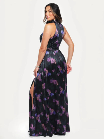 Draped High Neck Sculpting Floral-Print Maxi Dress