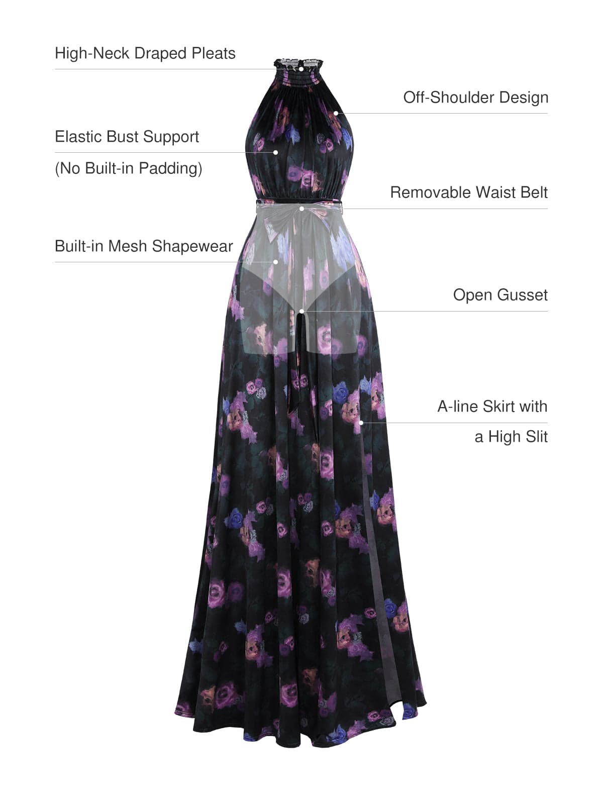 Draped High Neck Sculpting Floral-Print Maxi Dress
