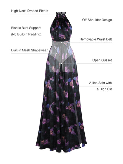 Draped High Neck Sculpting Floral-Print Maxi Dress