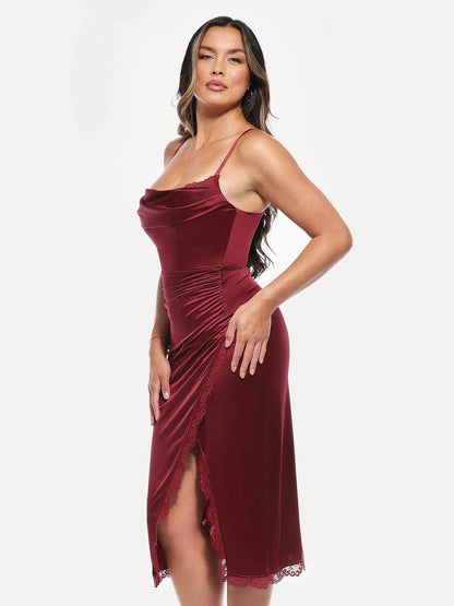 Lace Trim Sculpting Floral-Print Midi Dress