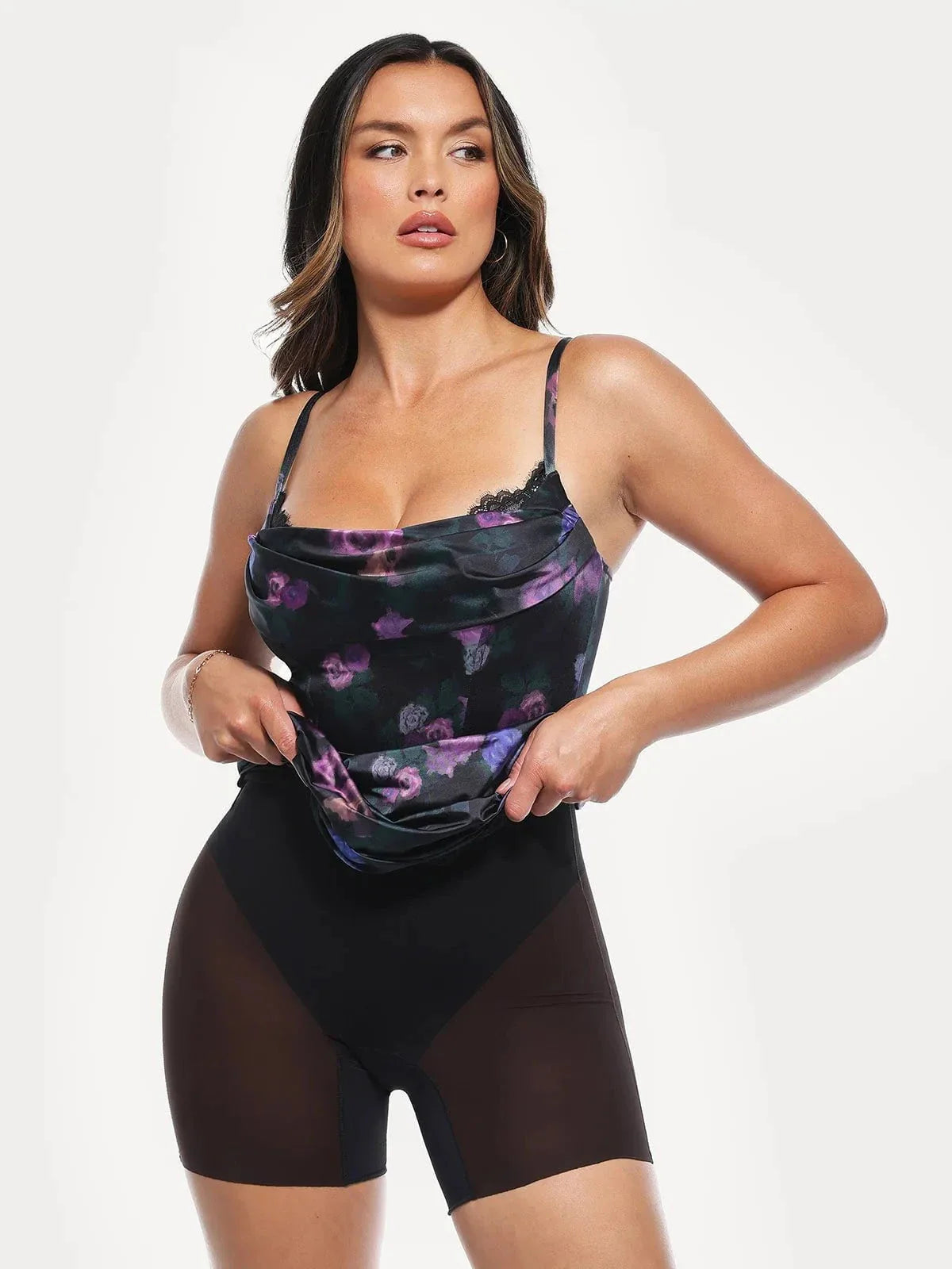 Lace Trim Sculpting Floral-Print Midi Dress