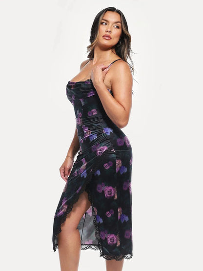 Lace Trim Sculpting Floral-Print Midi Dress
