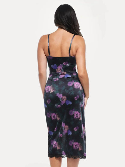 Lace Trim Sculpting Floral-Print Midi Dress