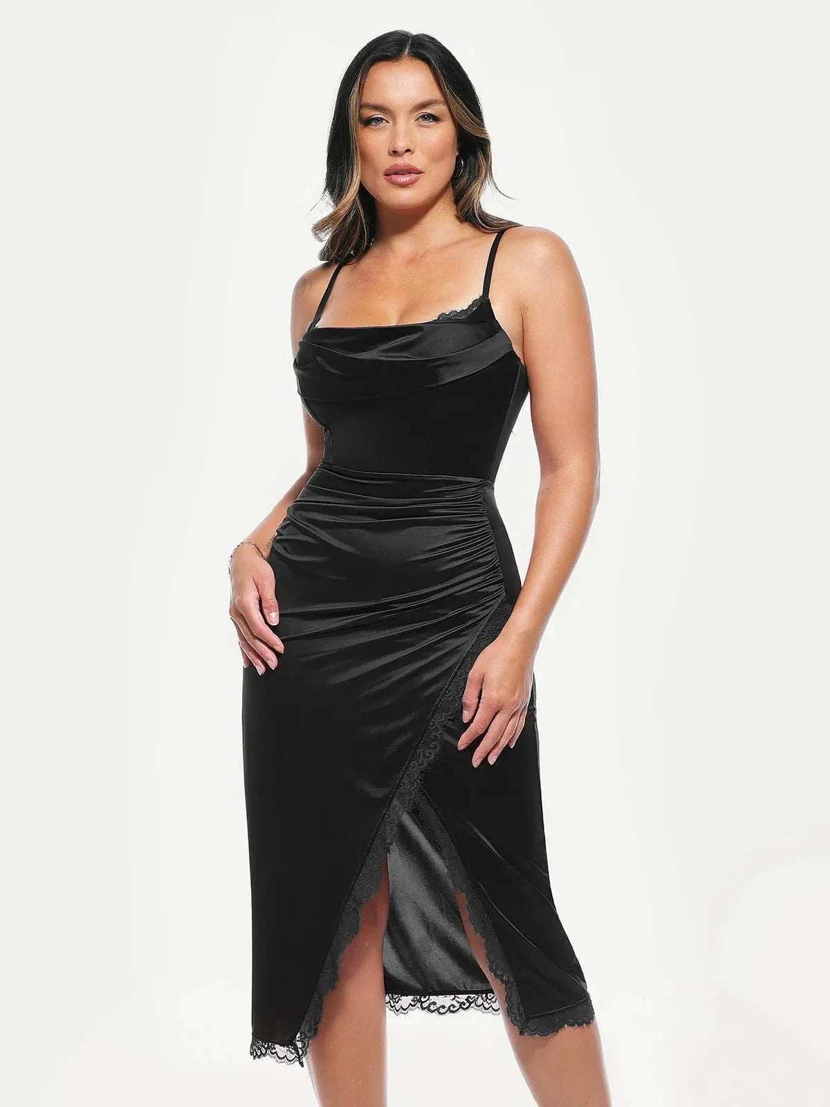 Lace Trim Sculpting Floral-Print Midi Dress