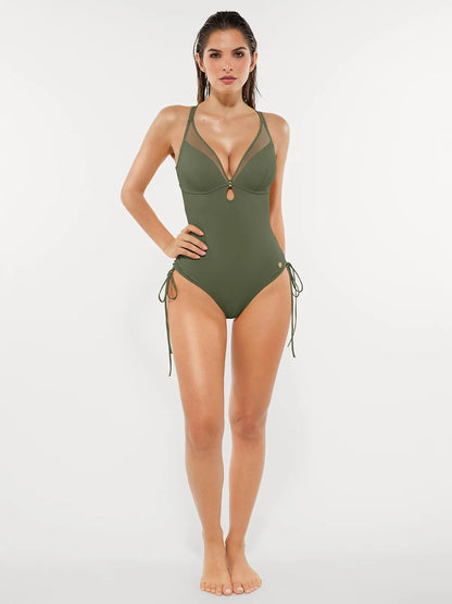 Mesh Inset Tie-Side Sculpting One-Piece Swimsuit