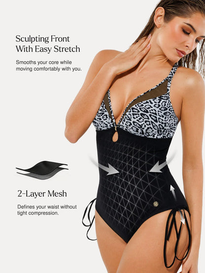 Mesh Inset Tie-Side Sculpting One-Piece Swimsuit