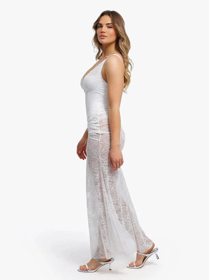 Shapewear Cap Sleeve Bodysuit Lace Fishtail Coverup Skirt Set