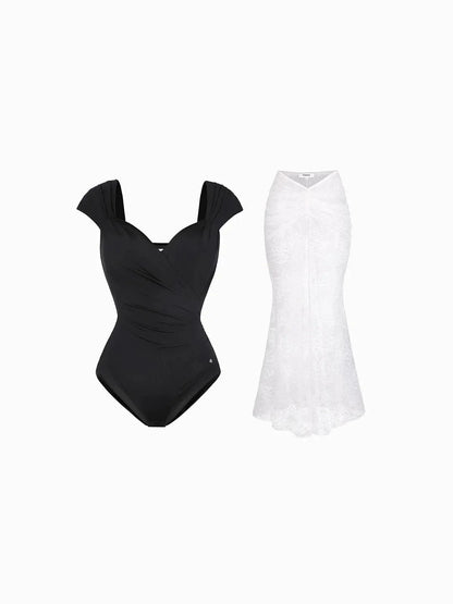 Shapewear Cap Sleeve Bodysuit Lace Fishtail Coverup Skirt Set