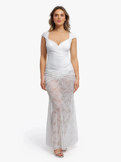 Shapewear Cap Sleeve Bodysuit Lace Fishtail Coverup Skirt Set