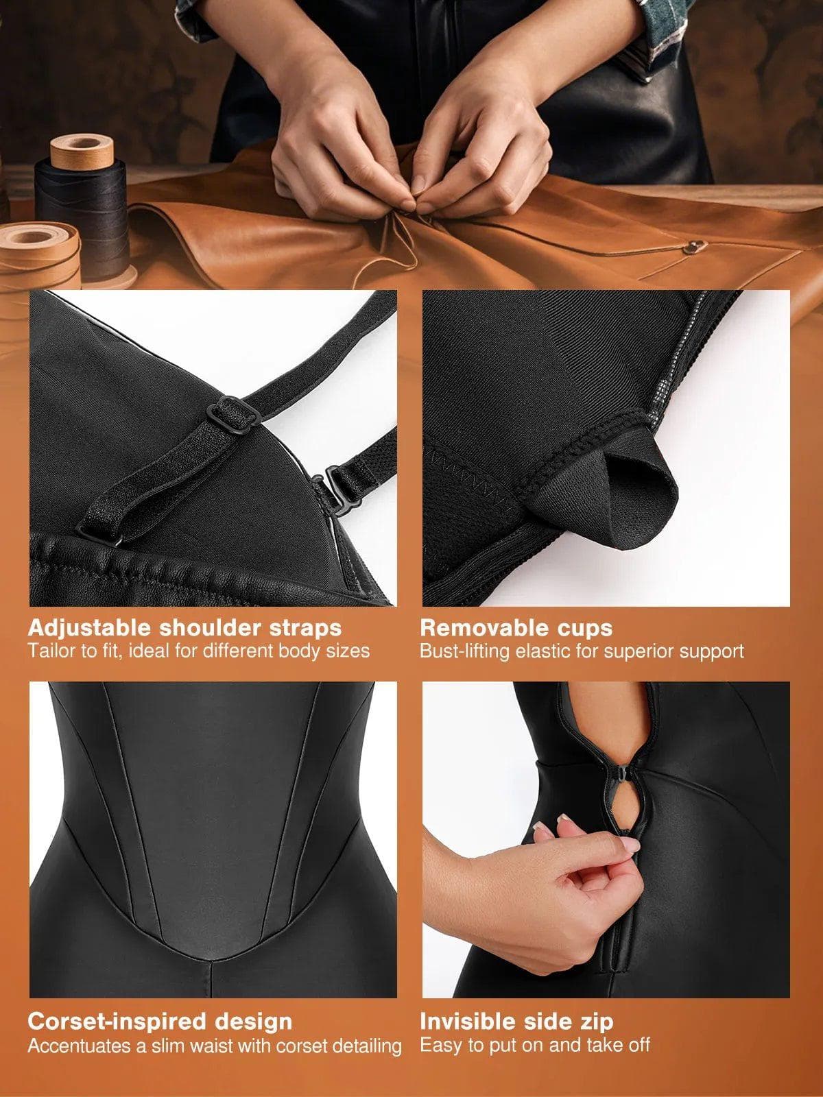 Shapewear Faux Leather Corset Jumpsuit Set