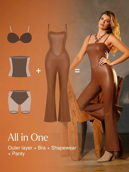 Shapewear Faux Leather Corset Jumpsuit Set
