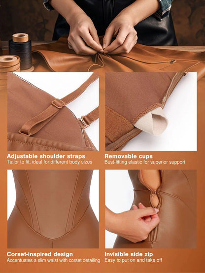 Shapewear Faux Leather Corset Jumpsuit Set