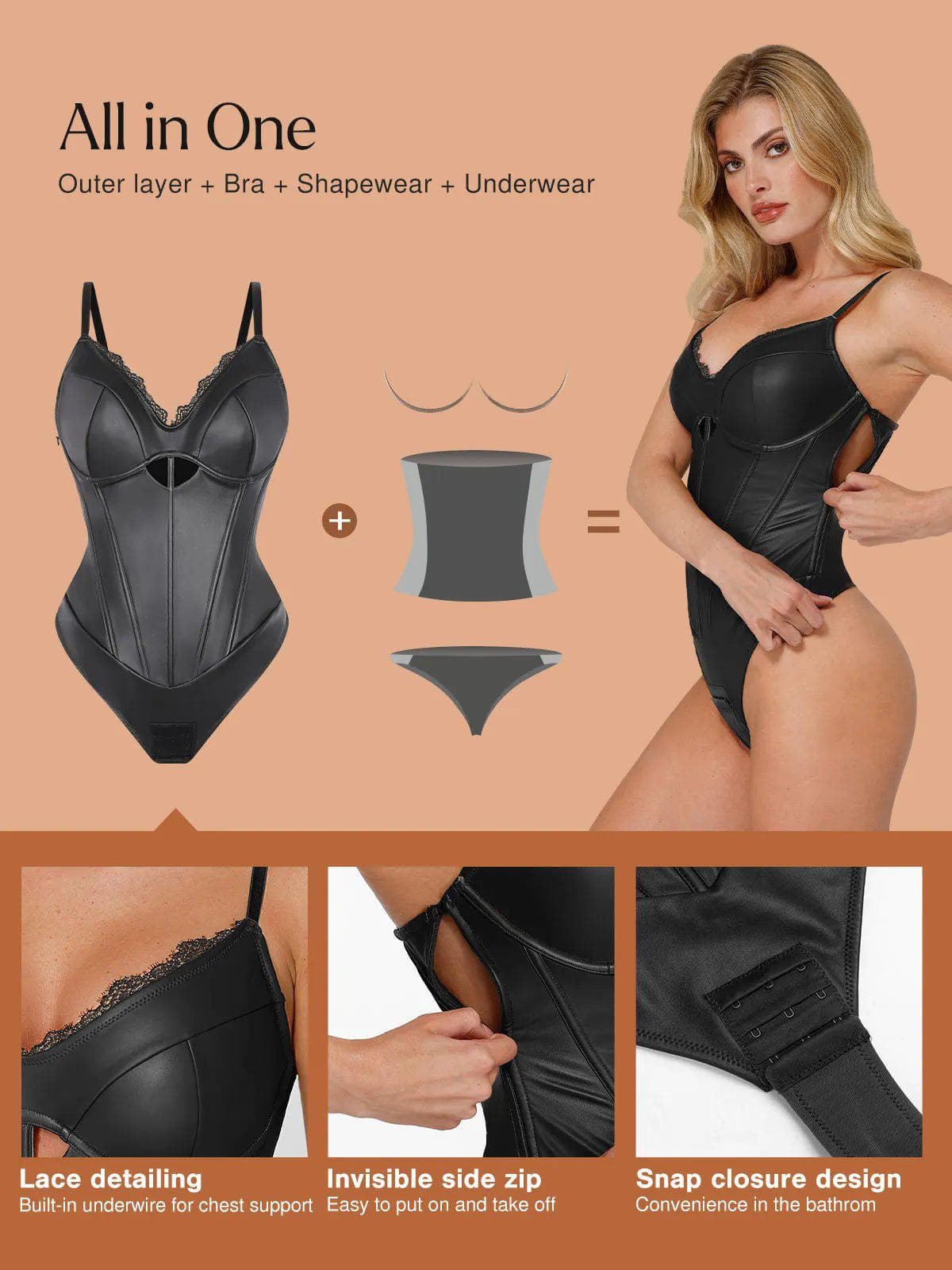 Shapewear Faux Leather Hourglass Cutout Corset Bodysuit Butt Lifting Skirt Set