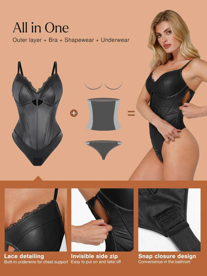 Shapewear Faux Leather Hourglass Cutout Corset Bodysuit Butt Lifting Skirt Set