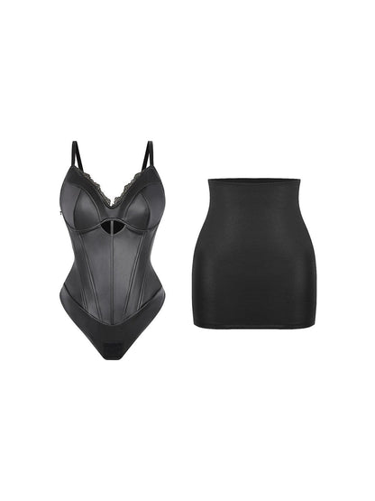 Shapewear Faux Leather Hourglass Cutout Corset Bodysuit Butt Lifting Skirt Set