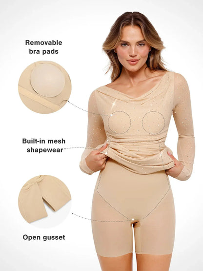 Shapewear Heat-Set Crystal Mesh Long Sleeve Slim Mini Dress