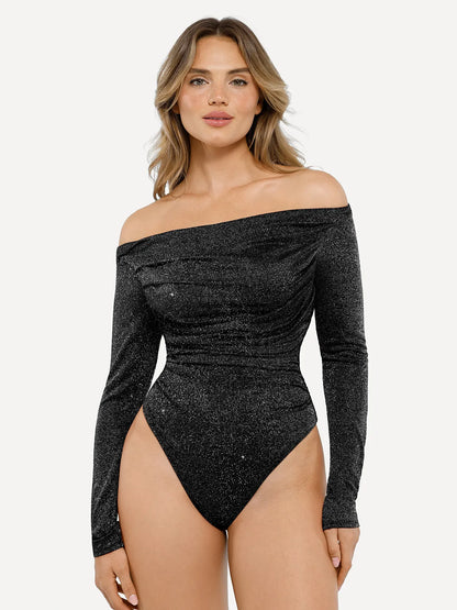 Shapewear Metallic Knit Long Sleeve Slimming Bodysuit
