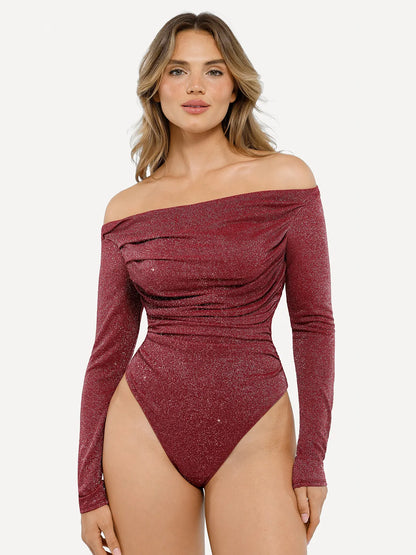 Shapewear Metallic Knit Long Sleeve Slimming Bodysuit