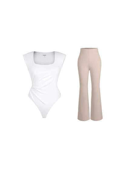 Shapewear Padded Shoulder Slimming Bodysuit Flare-Leg Pants Set