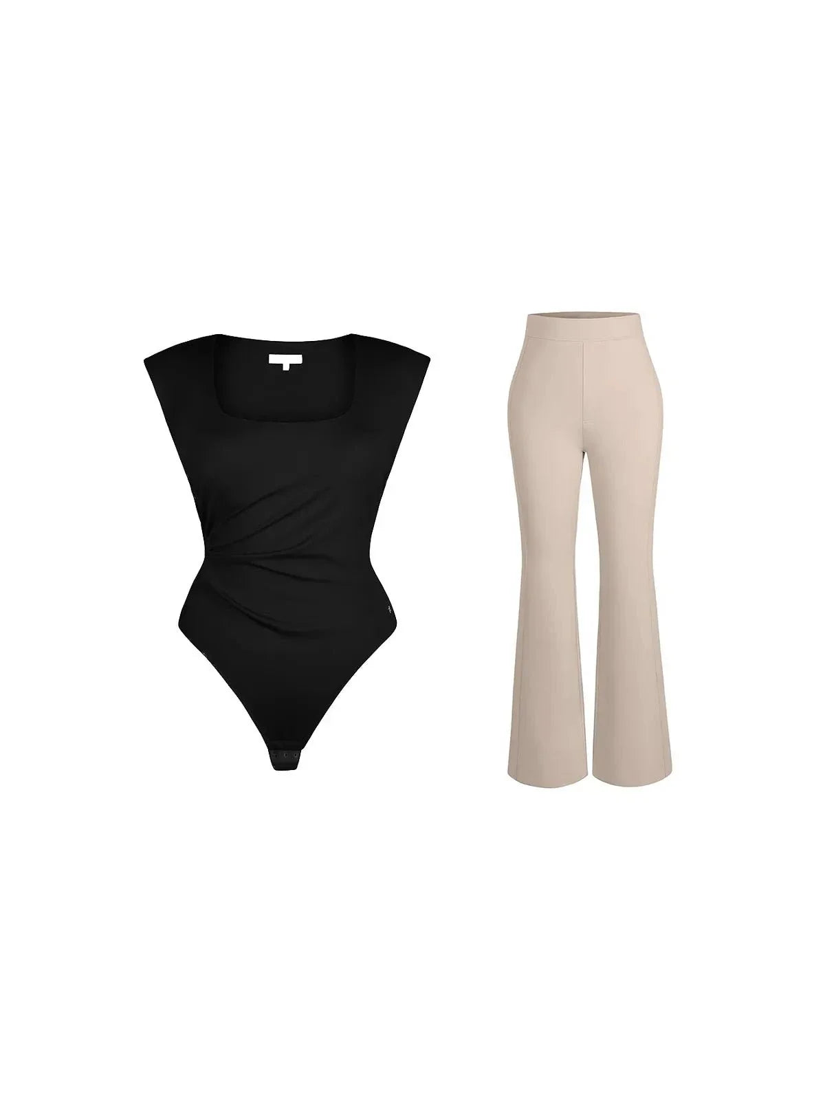 Shapewear Padded Shoulder Slimming Bodysuit Flare-Leg Pants Set