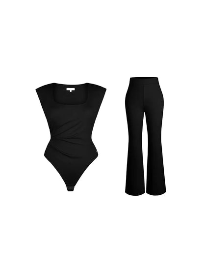 Shapewear Padded Shoulder Slimming Bodysuit Flare-Leg Pants Set