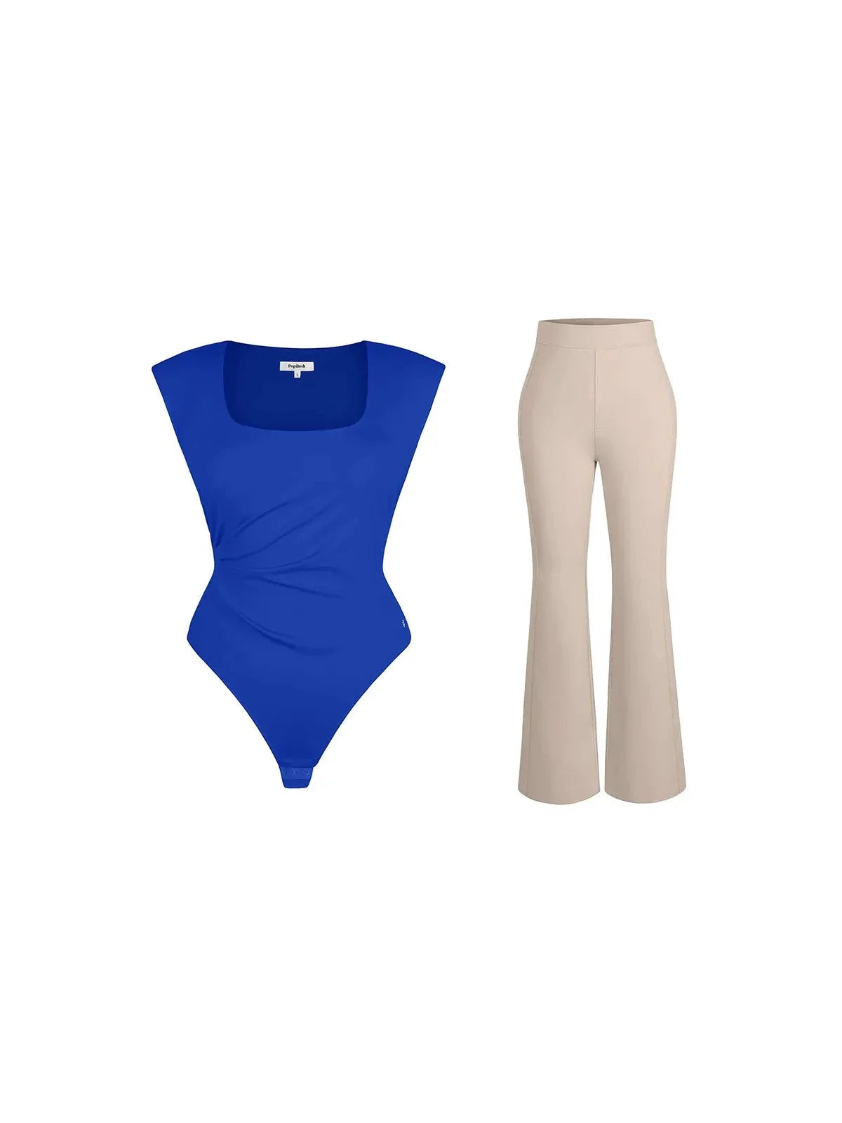 Shapewear Padded Shoulder Slimming Bodysuit Flare-Leg Pants Set