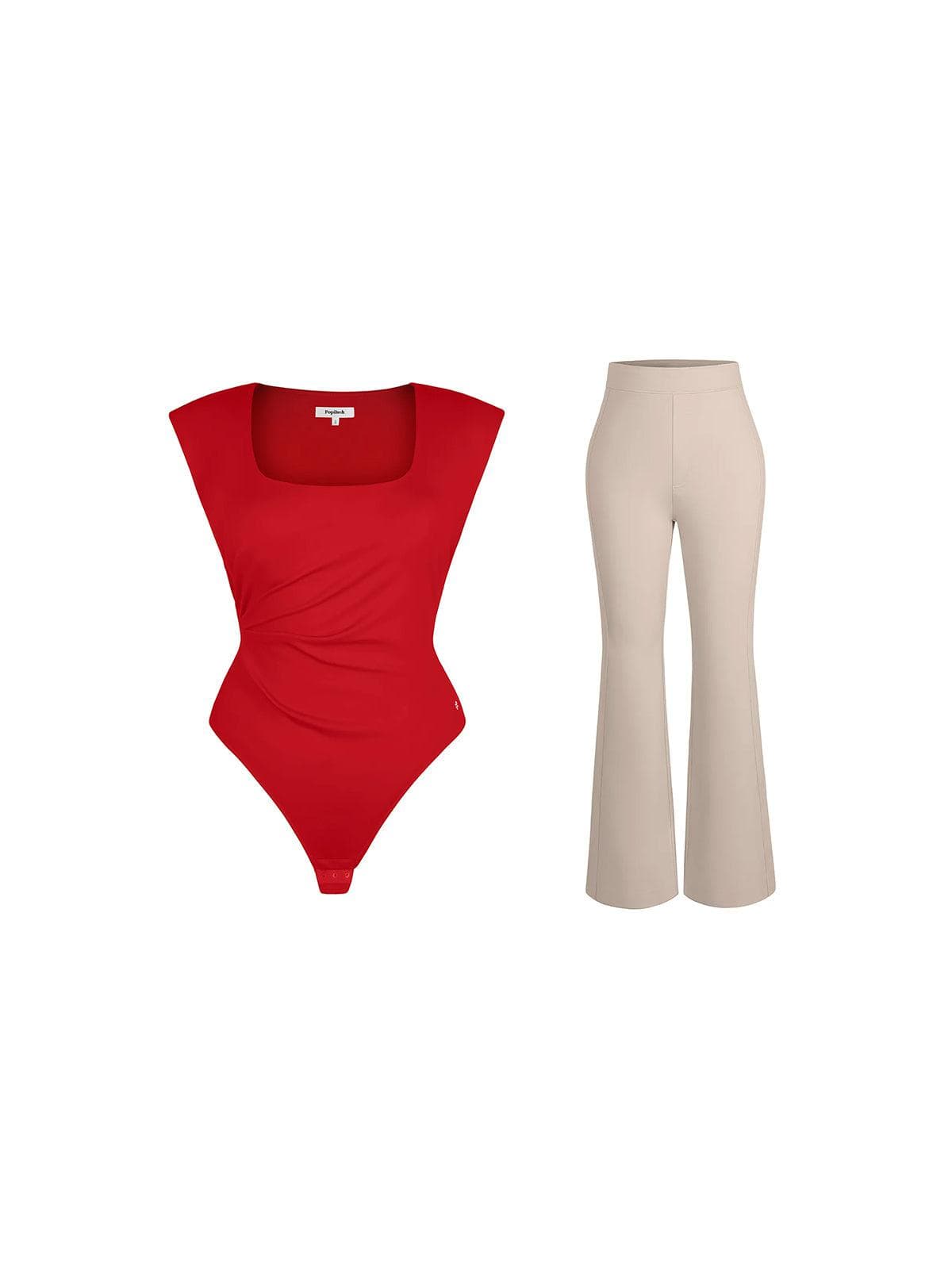 Shapewear Padded Shoulder Slimming Bodysuit Flare-Leg Pants Set