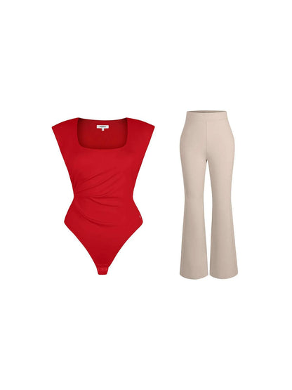 Shapewear Padded Shoulder Slimming Bodysuit Flare-Leg Pants Set