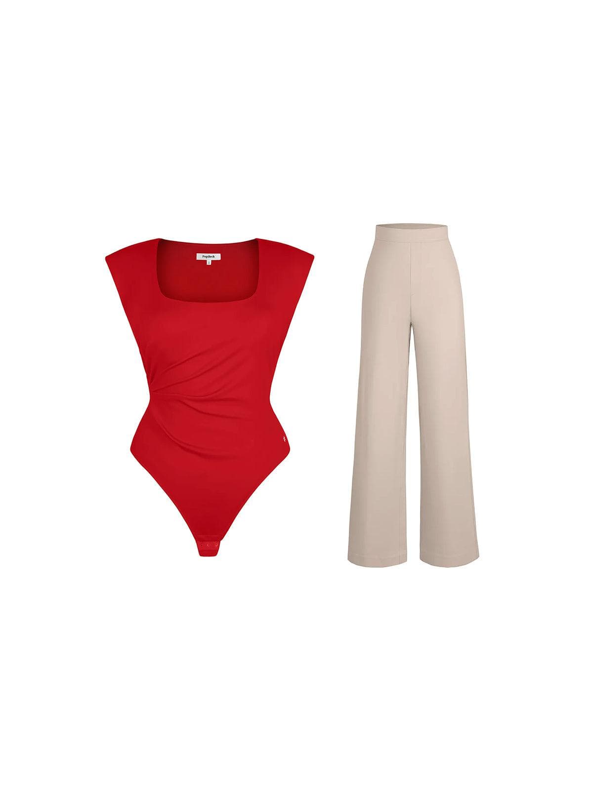 Shapewear Padded Shoulder Slimming Bodysuit Wide-Leg Pants Set