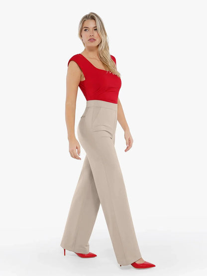 Shapewear Padded Shoulder Slimming Bodysuit Wide-Leg Pants Set