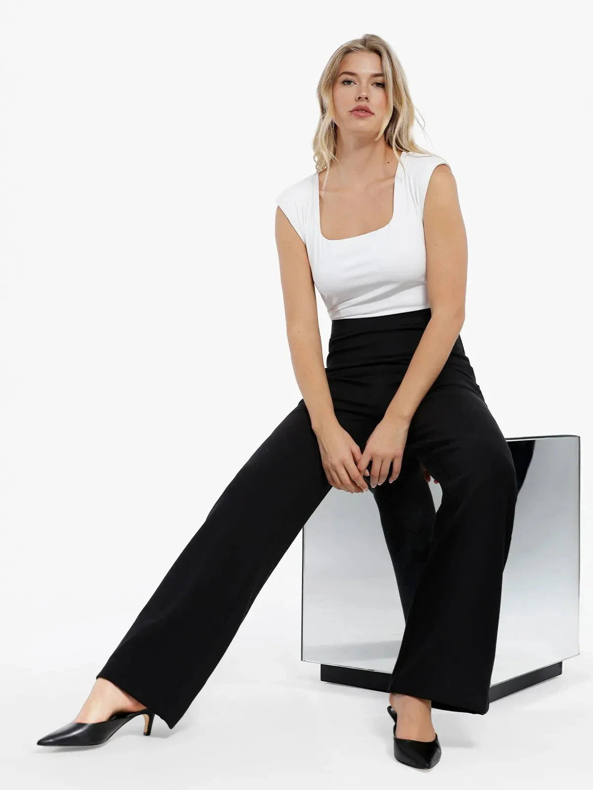 Shapewear Padded Shoulder Slimming Bodysuit Wide-Leg Pants Set