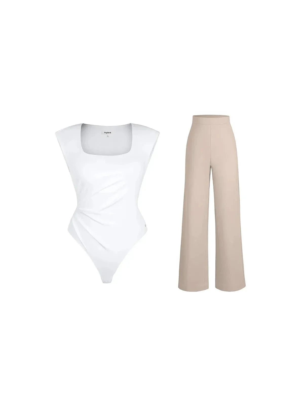Shapewear Padded Shoulder Slimming Bodysuit Wide-Leg Pants Set