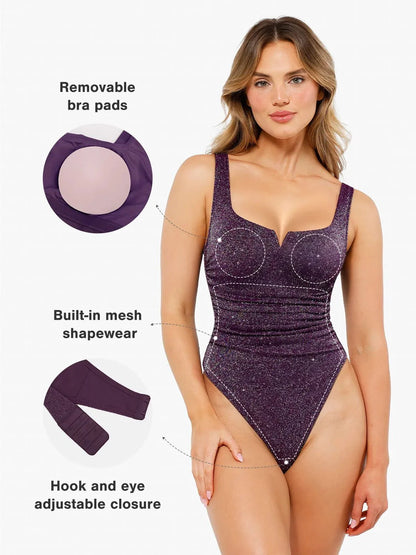 Shapewear Ruched Metallic Knit Square Neck Slimming Bodysuit