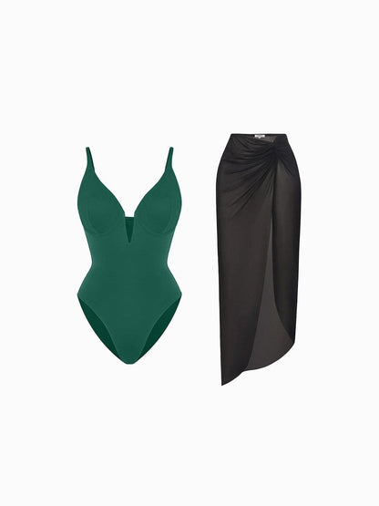 Shapewear Slimming One-Piece Swimsuit Mesh Coverup Set