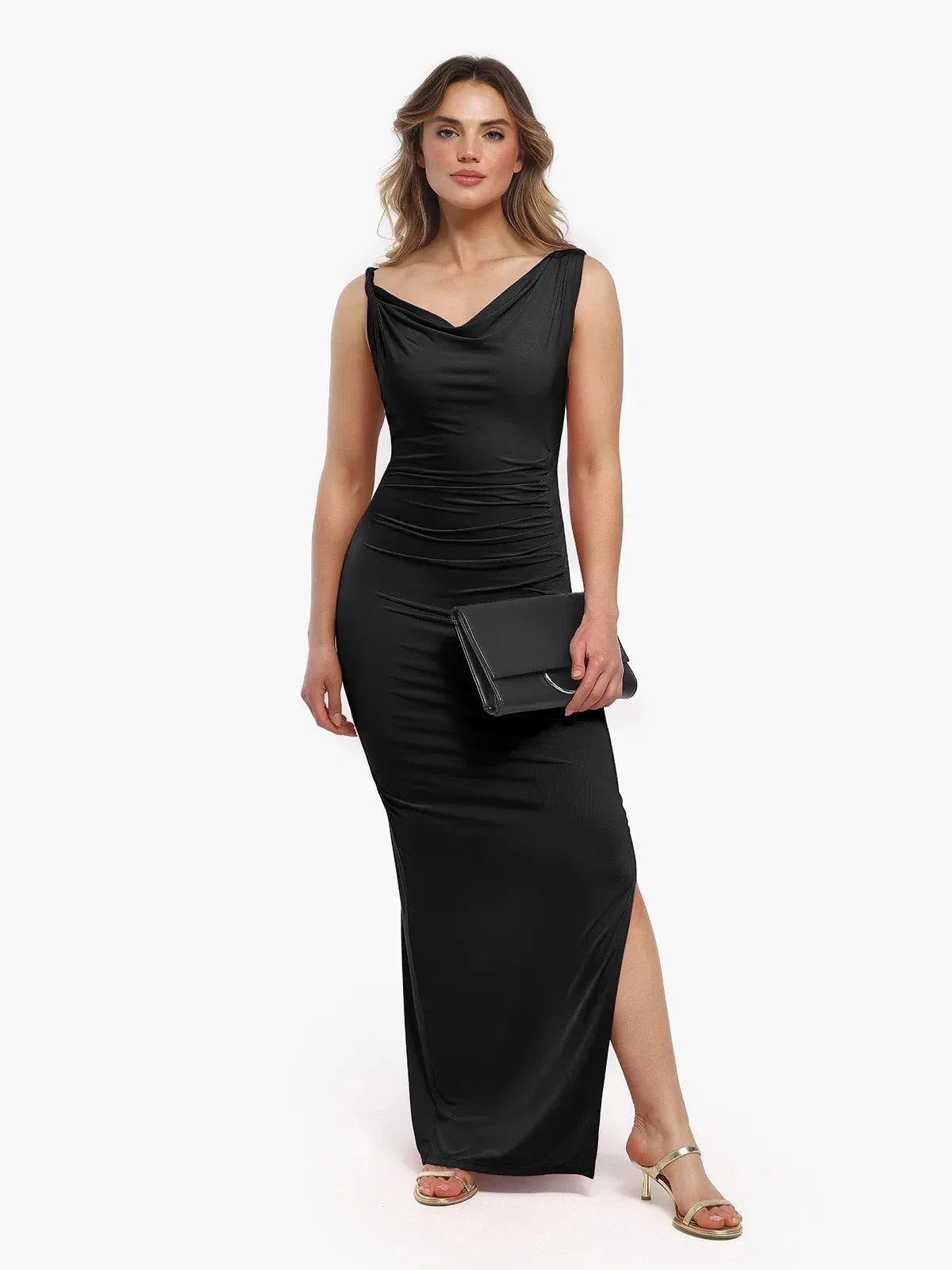 Shapewear Solid Cowl Neck Ruched Sculpting Maxi Dress