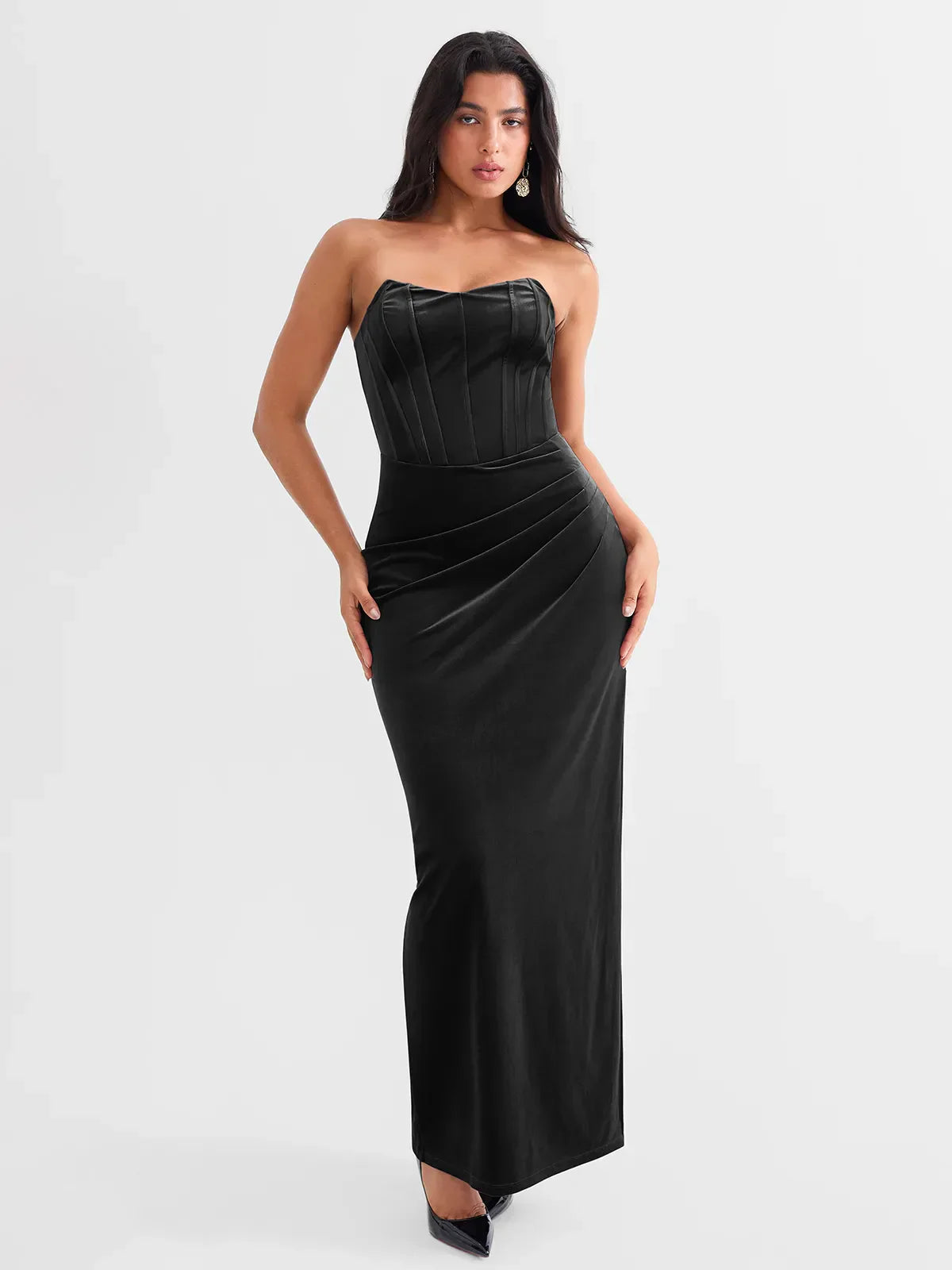 Strapless Velvet Ruched Sculpting Corset Gown
